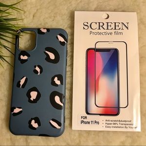 New iPhone11 Pro Case Blue Leopard Pattern with Screen Protective Film